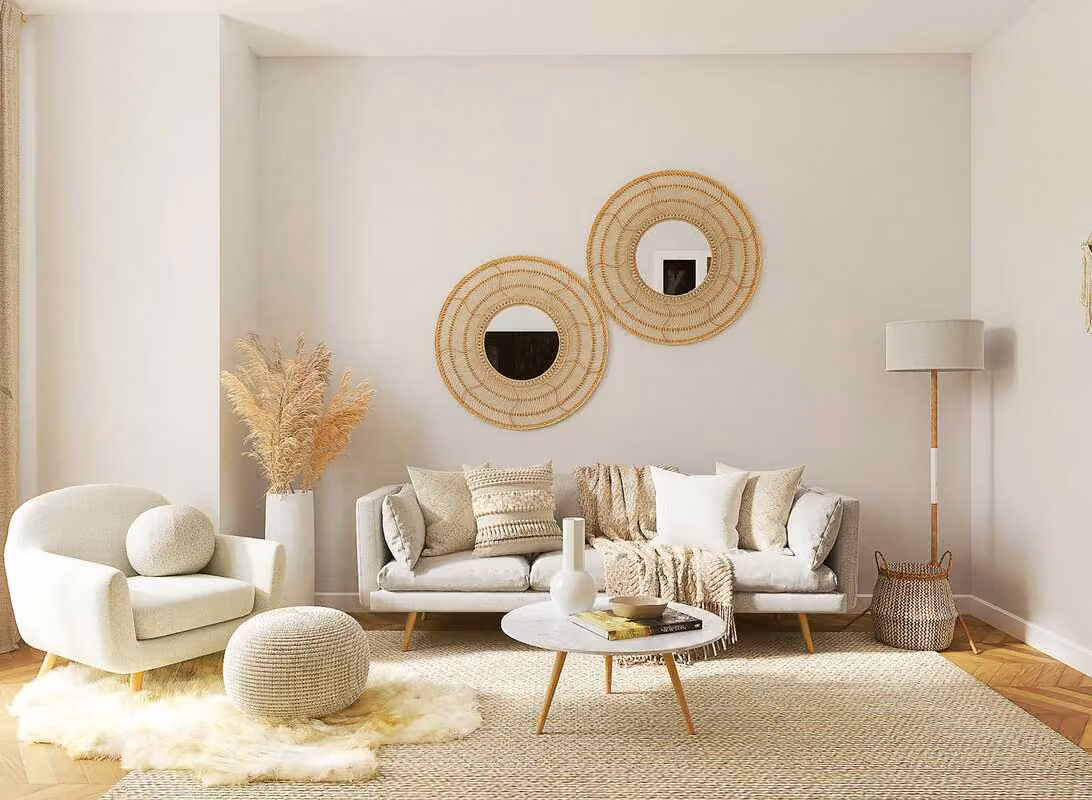 Modułowa sofa w tkaninie bouclé w salonie, jasne drewno i ciepłe światło boczne